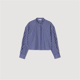 Boğazlı Yaka Çizgili Crop Gömlek