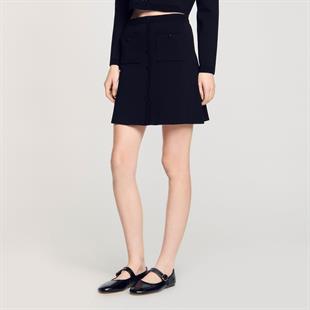 Cep Detaylı Düğmeli Mini Triko Etek