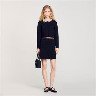 Cep Detaylı Düğmeli Mini Triko Etek