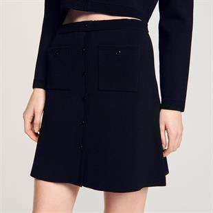 Cep Detaylı Düğmeli Mini Triko Etek