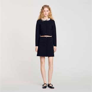 Cep Detaylı Düğmeli Mini Triko Etek