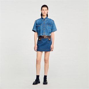 Deri Detaylı Mini Etek