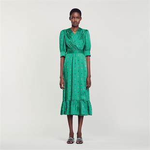 Desenli Saten Kruvaze Elbise