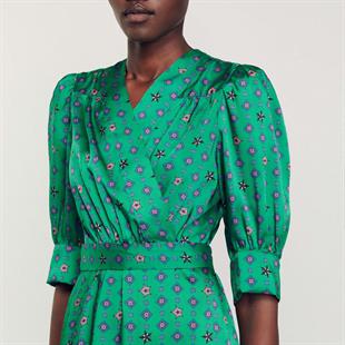 Desenli Saten Kruvaze Elbise