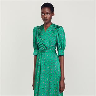 Desenli Saten Kruvaze Elbise