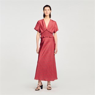 Desenli Saten Uzun Elbise