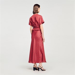 Desenli Saten Uzun Elbise