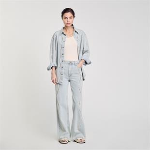 Diyagonal Taş İşlemeli Jean Pantolon