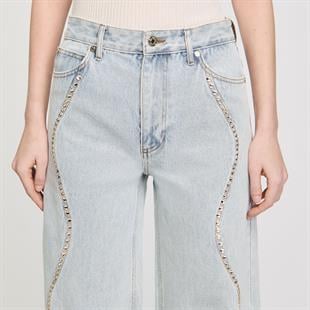 Diyagonal Taş İşlemeli Jean Pantolon