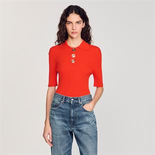 Düğmeli Kırmızı Polo Yaka Triko