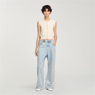 Ekru İnci Düğmeli Dokulu Triko