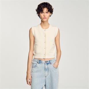 Ekru İnci Düğmeli Dokulu Triko