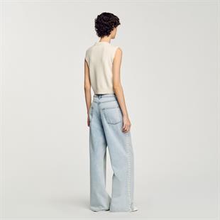 Ekru İnci Düğmeli Dokulu Triko