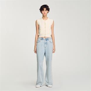 Ekru İnci Düğmeli Dokulu Triko