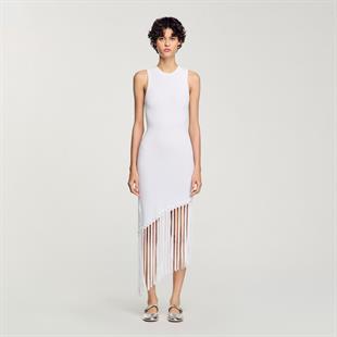 Etek Ucu Saçaklı Çiçek Figür Geçişli Elbise