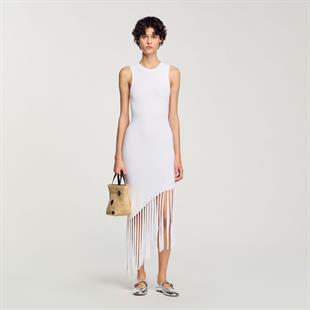 Etek Ucu Saçaklı Çiçek Figür Geçişli Elbise