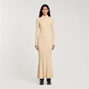 Fırfır Yaka Bej Triko Elbise