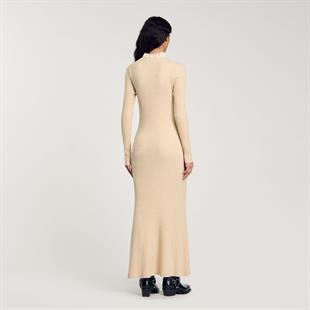 Fırfır Yaka Bej Triko Elbise