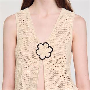 Floral Aplikeli Kroşe Yelek