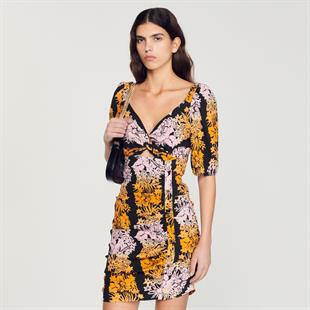 Floral Desen Düğmeli Mini Elbise