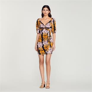 Floral Desen Düğmeli Mini Elbise