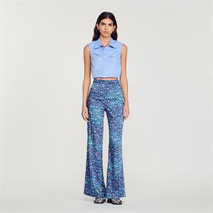 Floral Desen Saten Geniş Paça Pantolon