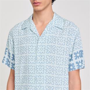 Gök Mavisi Floral Desenli Gömlek