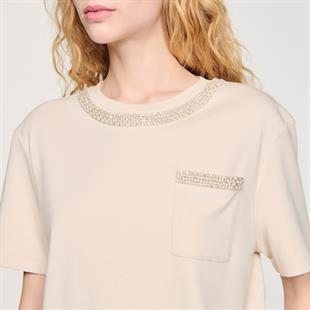 İnci İşlemeli Bej T-shirt