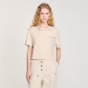 İnci İşlemeli Bej T-shirt
