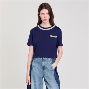 İnci İşlemeli Lacivert T-shirt