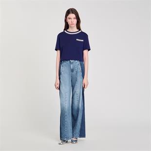 İnci İşlemeli Lacivert T-shirt