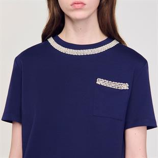 İnci İşlemeli Lacivert T-shirt