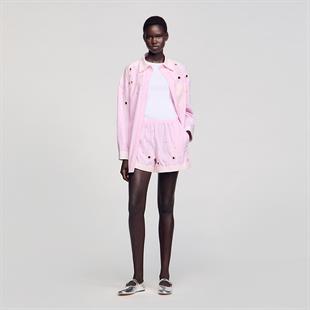 İnci ve Taş İşlemeli Pembe Gömlek