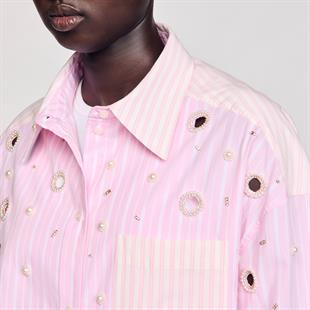 İnci ve Taş İşlemeli Pembe Gömlek