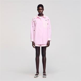 İnci ve Taş İşlemeli Pembe Gömlek