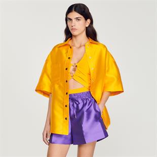 İpek Karışımlı Oversize Turuncu Saten Gömlek