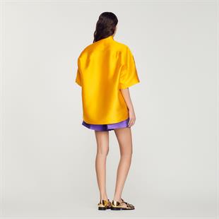 İpek Karışımlı Oversize Turuncu Saten Gömlek