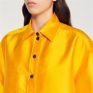 İpek Karışımlı Oversize Turuncu Saten Gömlek