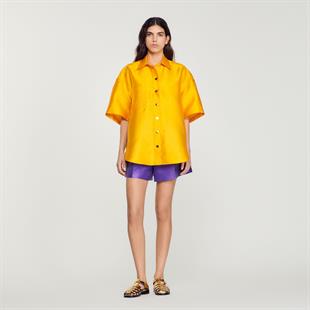 İpek Karışımlı Oversize Turuncu Saten Gömlek