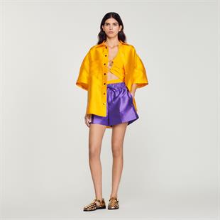 İpek Karışımlı Oversize Turuncu Saten Gömlek