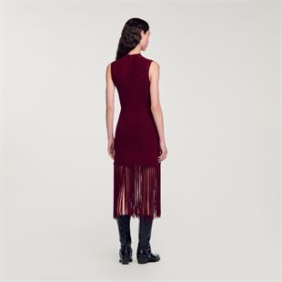 Kendinden Dokulu Püsküllü Triko Elbise