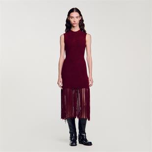 Kendinden Dokulu Püsküllü Triko Elbise