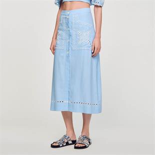 Keten Karışımlı Floral Desen Etek