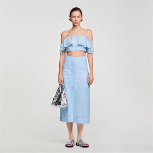 Keten Karışımlı Floral Desen Etek