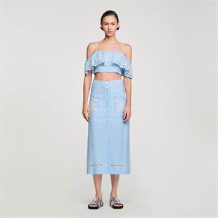 Keten Karışımlı Floral Desen Etek