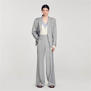 Keten Karışımlı Gri Geniş Paça Pantolon