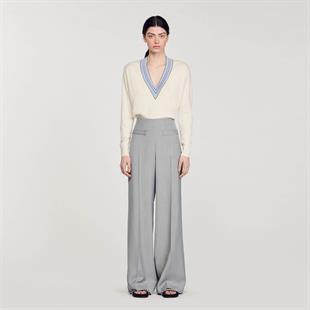 Keten Karışımlı Gri Geniş Paça Pantolon