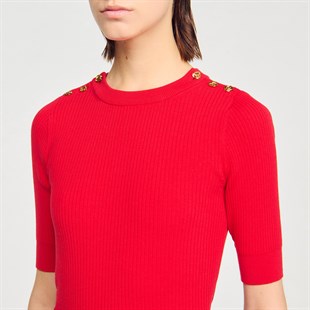 Omzu Düğmeli Kırmızı Triko