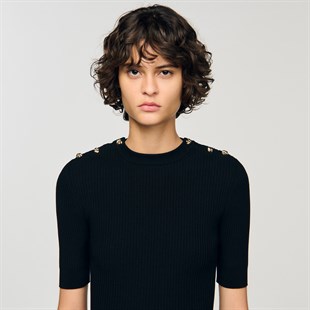 Omzu Düğmeli Siyah Triko