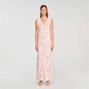Pembe Floral Desen Güpür Detaylı Elbise